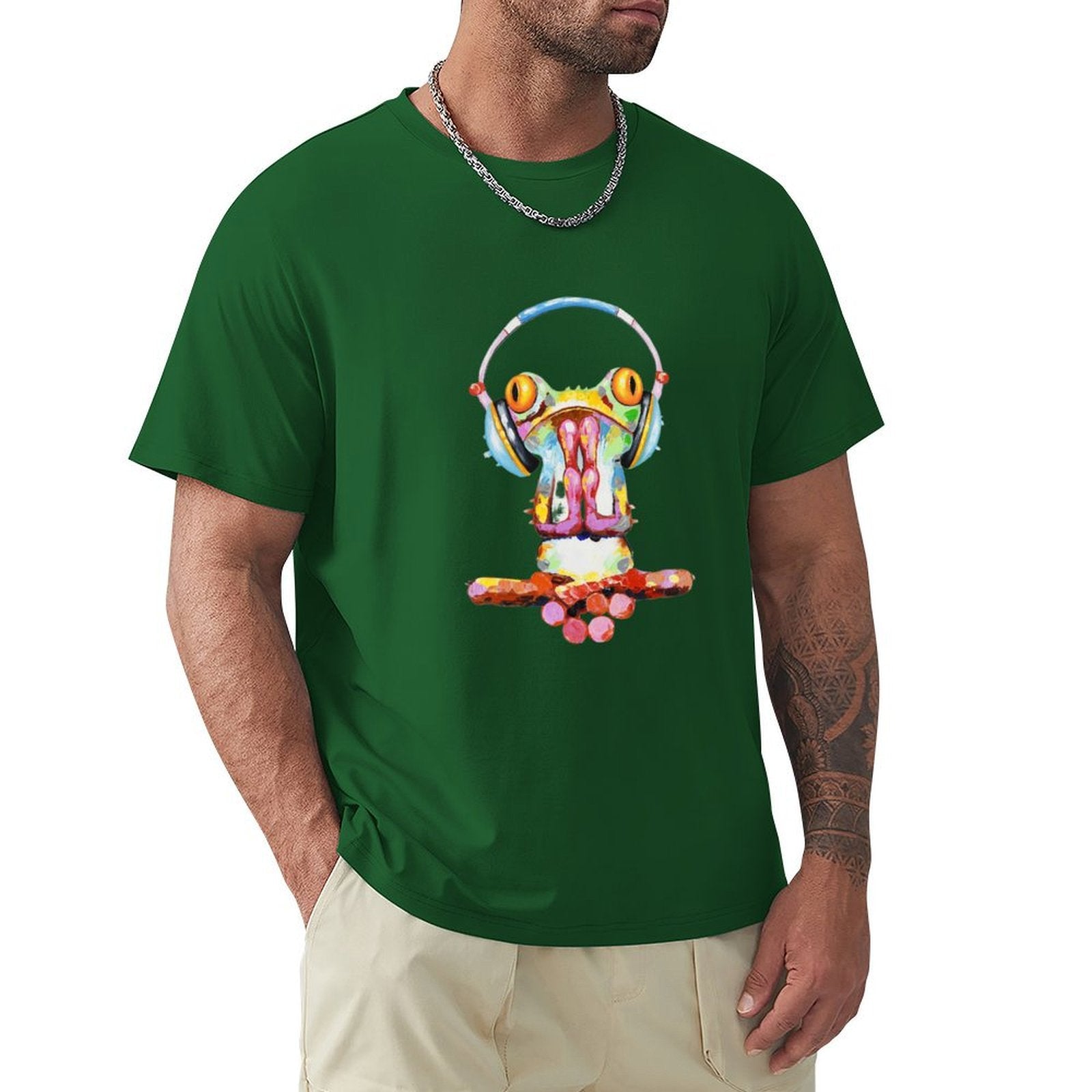 Men's green crew neck t-shirt with colorful frog art and headphones design, MyArtsyGift, classic tee
