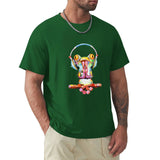Men's green crew neck t-shirt with colorful frog graphic and headphones, MyArtsyGift, comfortable cotton tee.