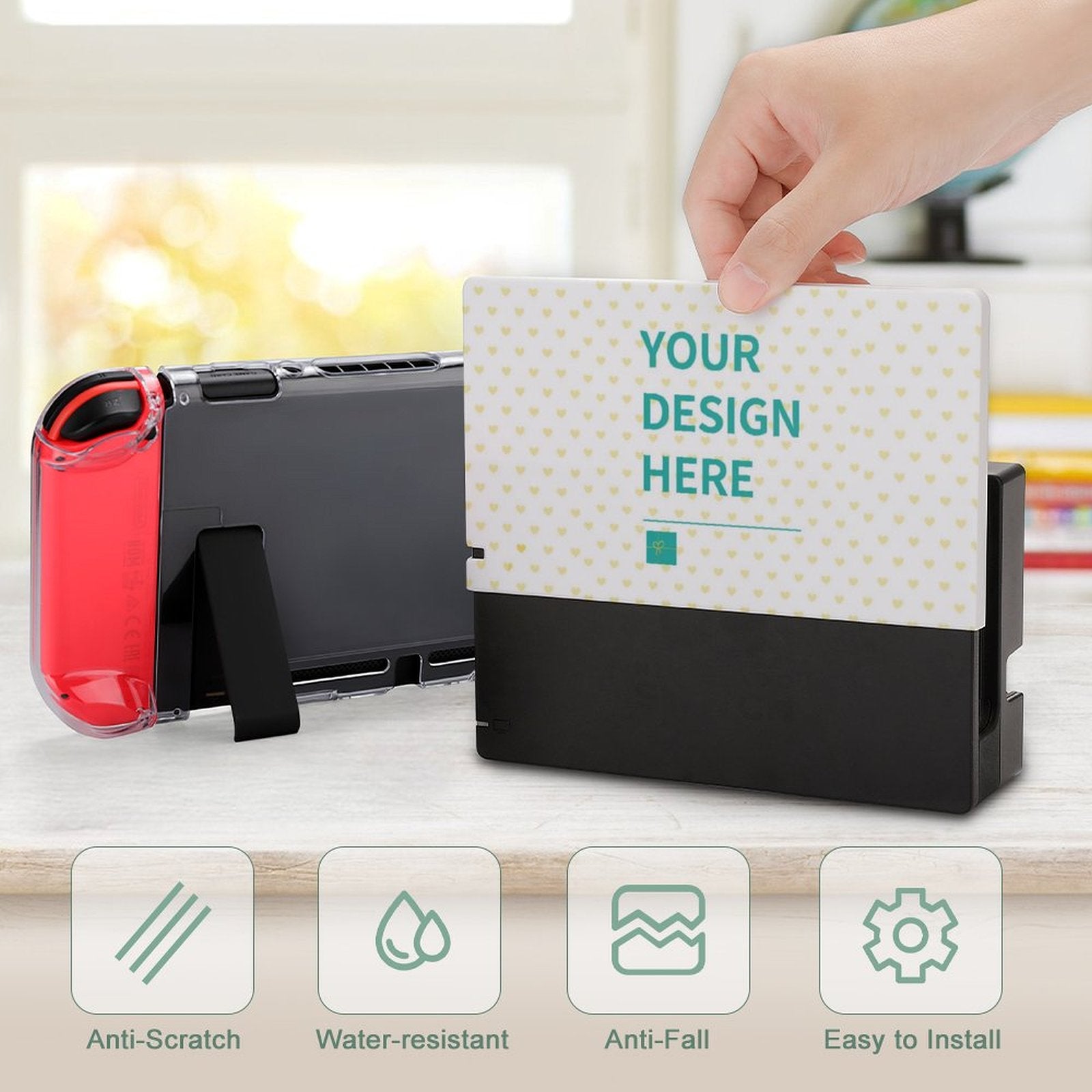 Custom Nintendo Switch charging dock faceplate with YOUR DESIGN HERE design, PC material, available at MyArtsyGift.com.