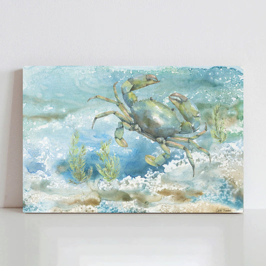 Under Sea Life III Canvas Print featuring a watercolor crab in a blue ocean by Lori Trimbach