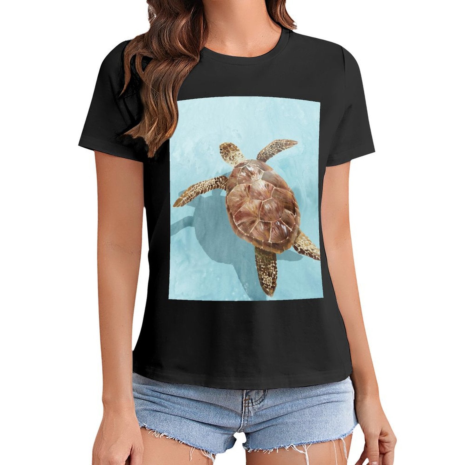 Black women's graphic tee with sea turtle print, casual summer wear, short sleeve crewneck t-shirt