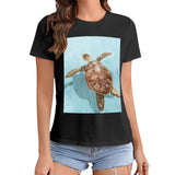 Black women's graphic tee with sea turtle print, casual summer wear, short sleeve crewneck t-shirt