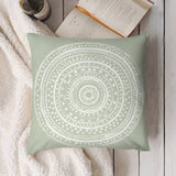 Sage green square throw pillow cover with white mandala design for home decor. Soft plush material.