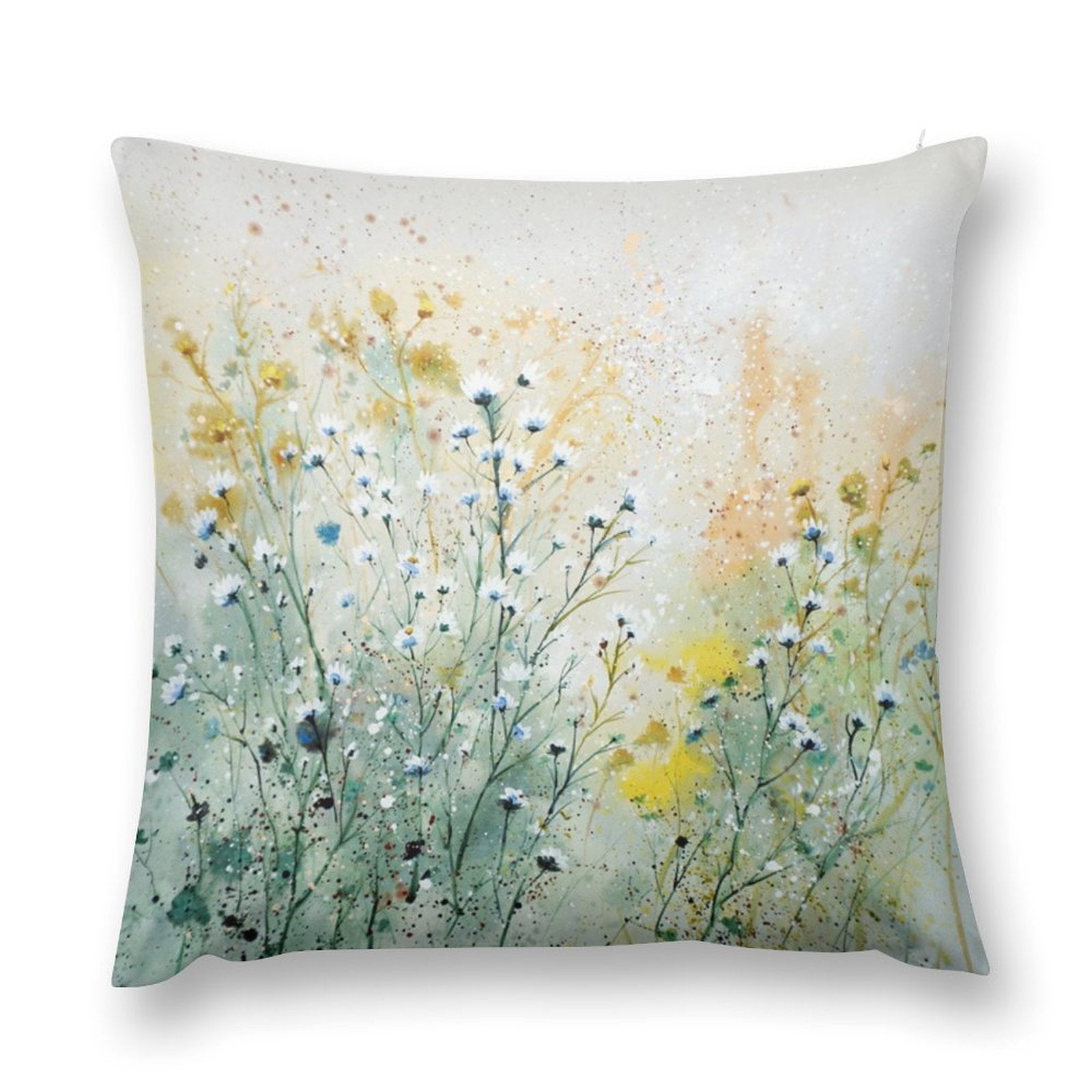 Soft plush throw pillow cover featuring a watercolor floral design with wildflowers and natural colors for living room decor.