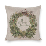 Christmas pillow cover with wreath design and Merry Christmas text. Cotton linen material.