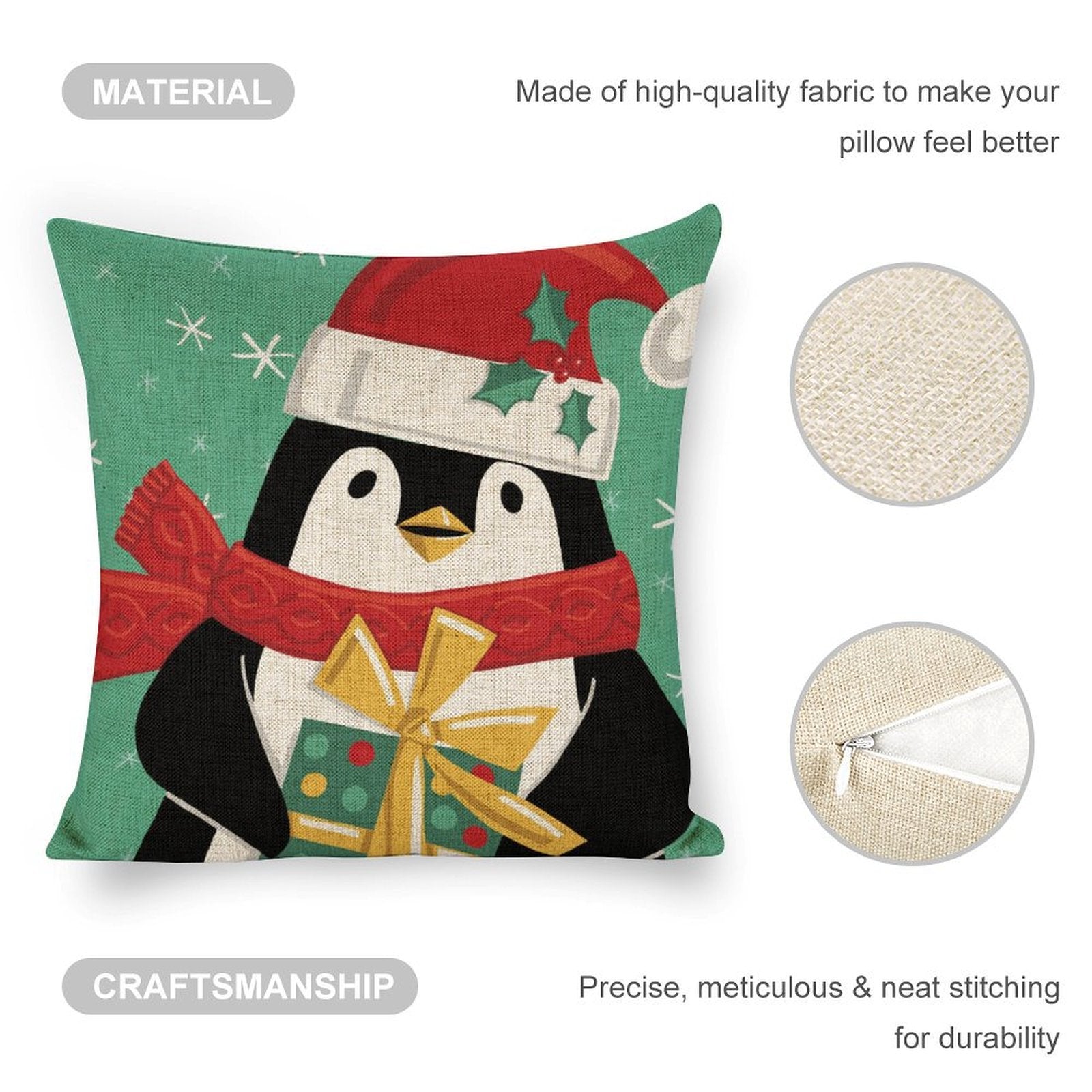 Christmas linen pillow cover with penguin design, high-quality fabric, and precise stitching for durability, sofa pillow