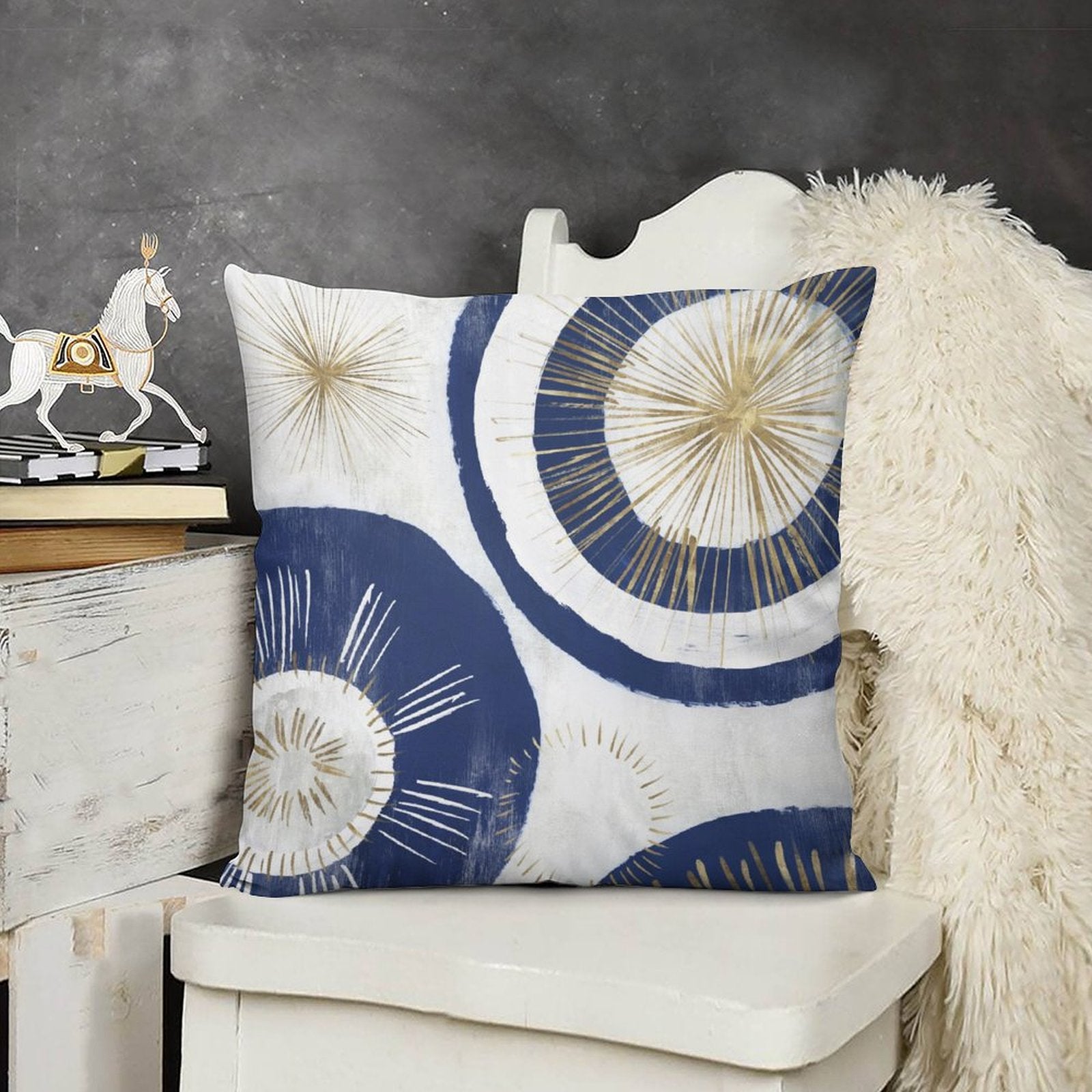 Plush pillow cover with navy, gold, and white abstract art; decorative accent for sofa or couch, luxury home decor