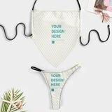 Personalized bikini set for women. Custom swimsuit with 'YOUR DESIGN HERE' design, featuring triangle top and thong bottom.