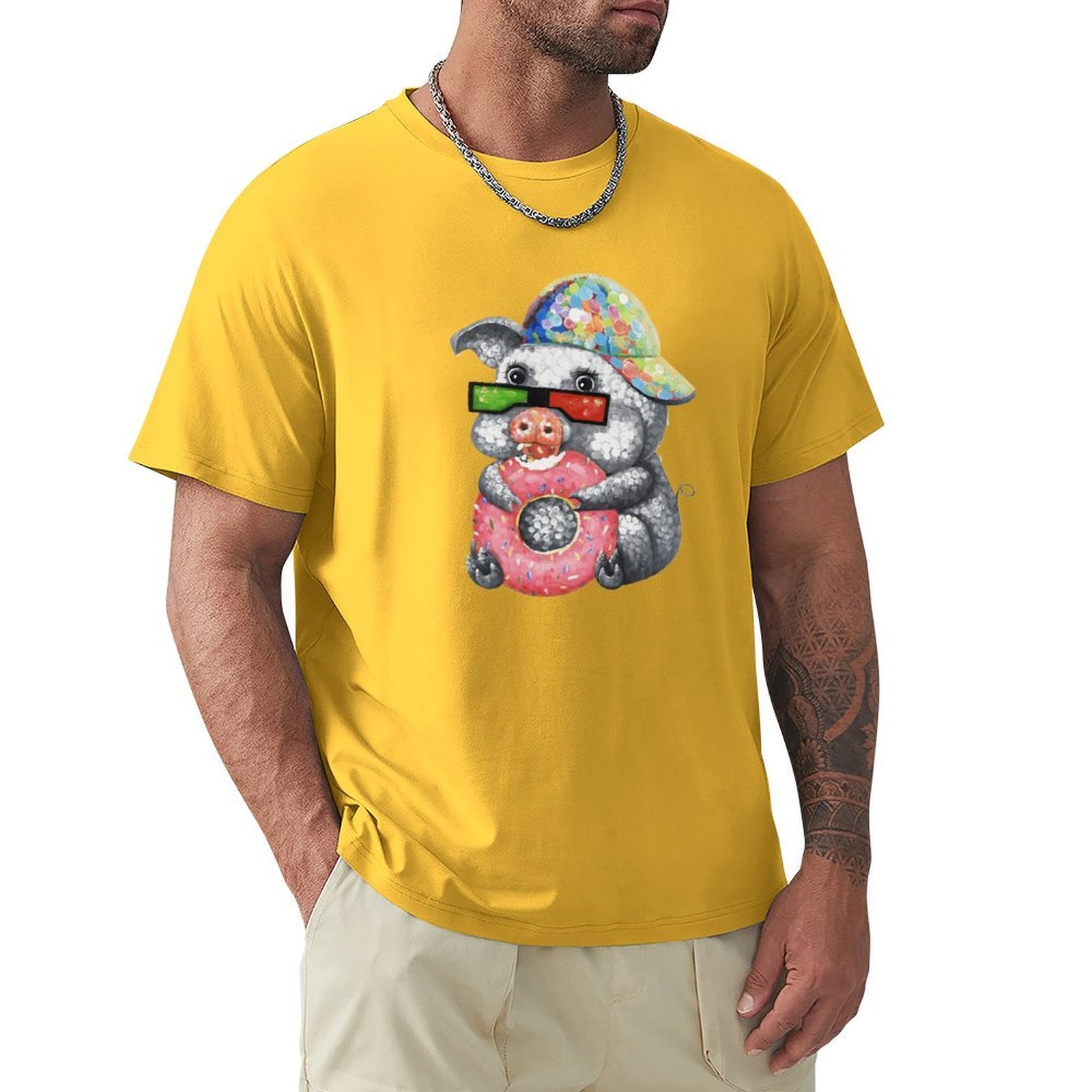 Men's yellow crew neck t-shirt with pig graphic, MyArtsyGift classic tee, casual wear.