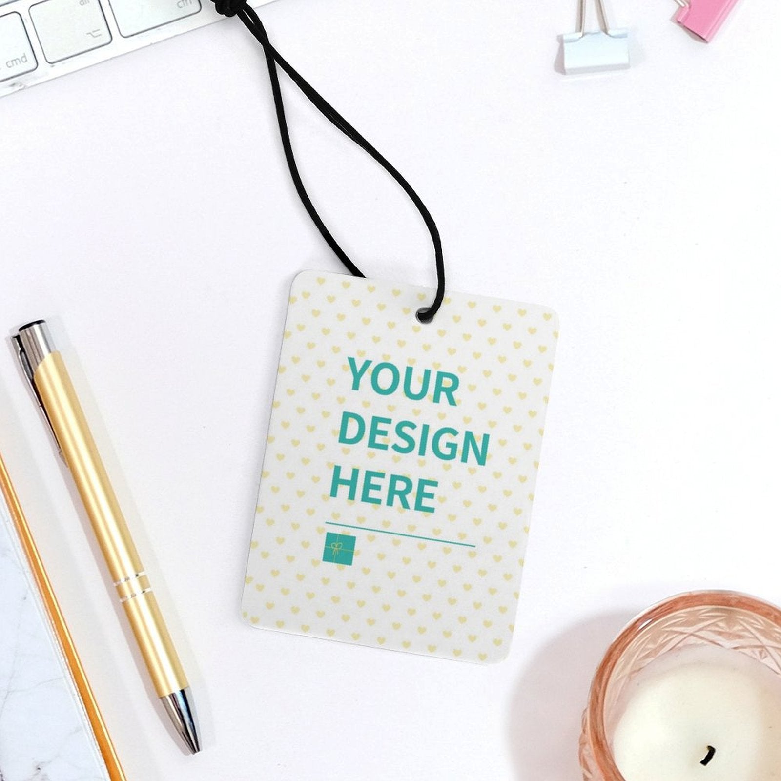 Custom air freshener with 'YOUR DESIGN HERE' text, double-sided design, perfect for car or bathroom, customizable