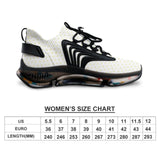 Women's breathable running shoe in white and black, with a size chart; perfect for personalized athletic sneakers.