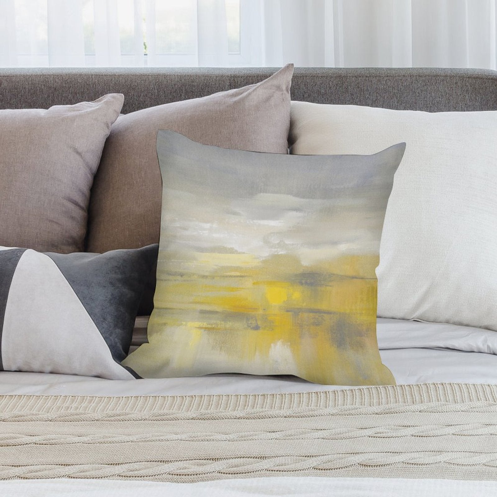 Abstract art throw pillow cover in yellow and gray. Soft plush material, perfect for sofa and living room decor, MyArtsyGift.
