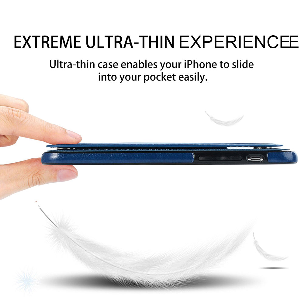 Blue Ultra-thin iPhone 11 Pro Flip Case, showcasing the case's slim profile and ease of pocketability.