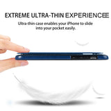 Blue Ultra-thin iPhone 11 Pro Flip Case, showcasing the case's slim profile and ease of pocketability.