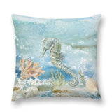 Soft plush pillow cover with watercolor seahorse and coral design; Luxury decorative pillow for sofa, couch, and living room