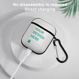 Custom AirPods case with 'YOUR DESIGN HERE' text, direct charging, and included black carabiner for easy attachment.