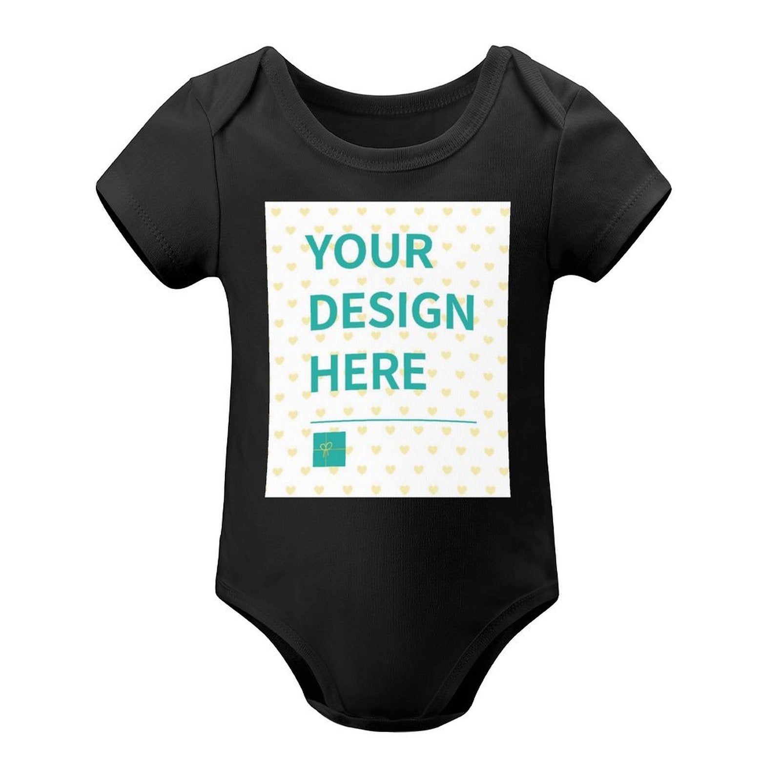 Customizable black baby bodysuit, design your own gift, featuring 'YOUR DESIGN HERE' text.