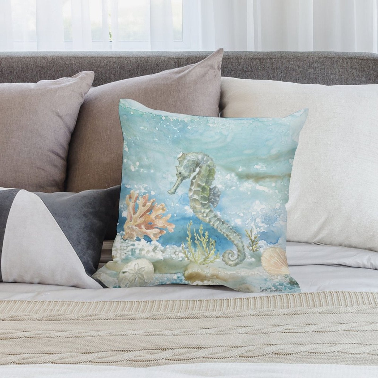 Seahorse plush pillow cover for sofa. Watercolor design with coral and soft material for MyArtsyGift home decor.