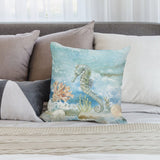 Seahorse plush pillow cover for sofa. Watercolor design with coral and soft material for MyArtsyGift home decor.