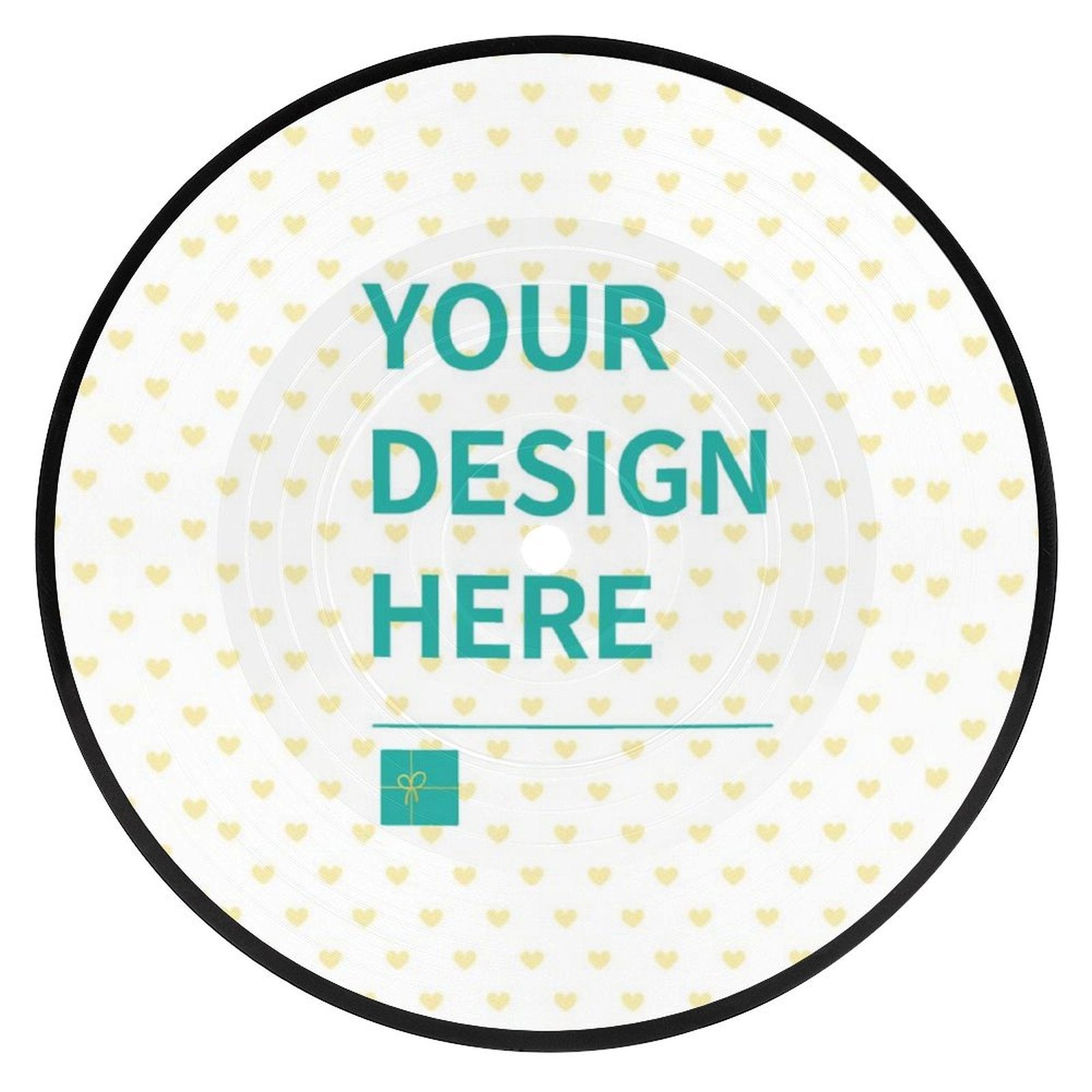 Customizable coaster with "YOUR DESIGN HERE" text, retro CD design, perfect personalized gifts for home or office.