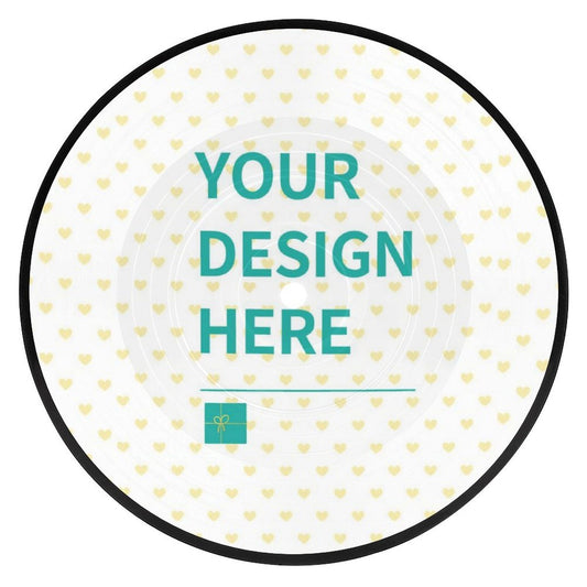 Customizable coaster with "YOUR DESIGN HERE" text, retro CD design, perfect personalized gifts for home or office.