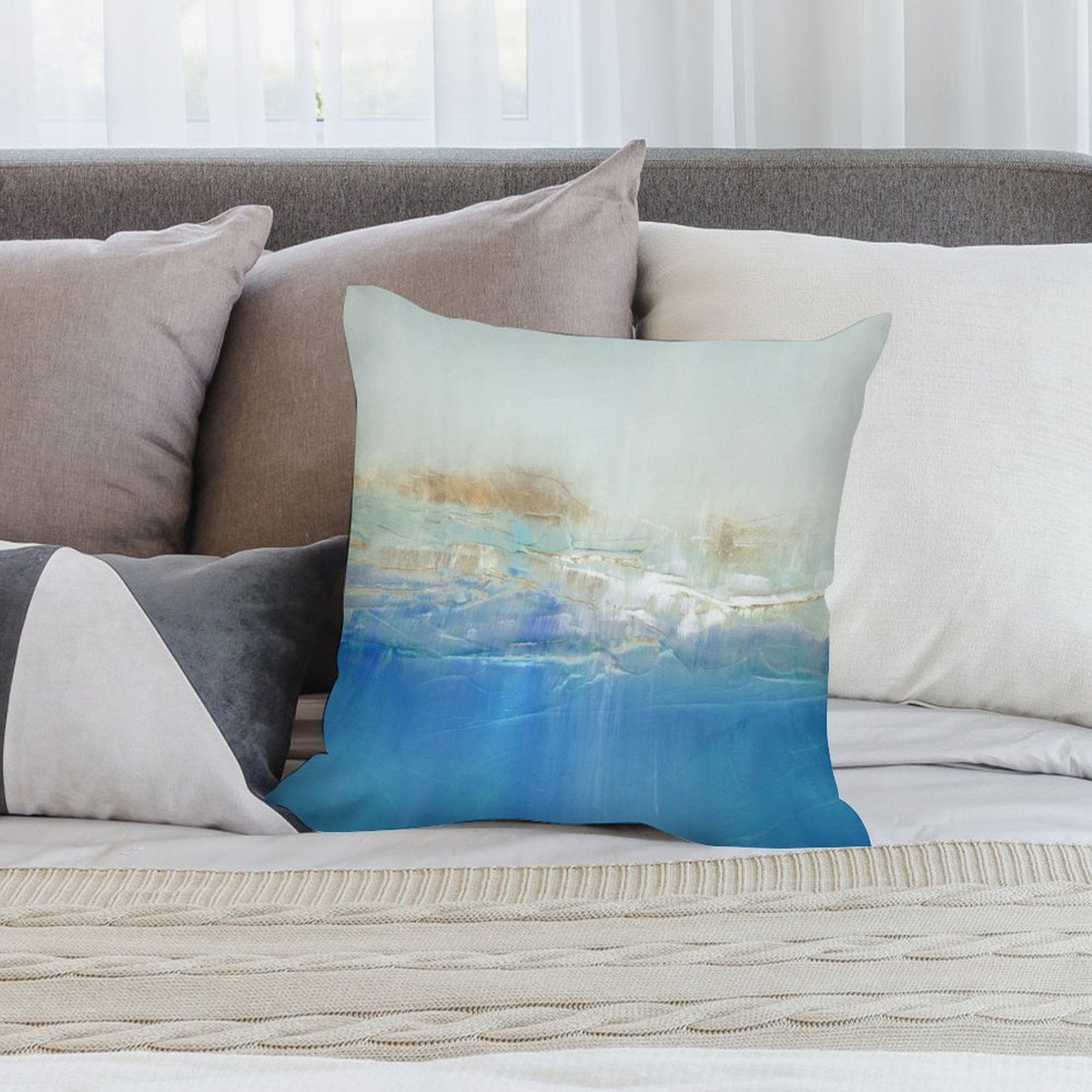 Abstract art plush pillow cover with blue and white tones for sofa decor, soft and cozy