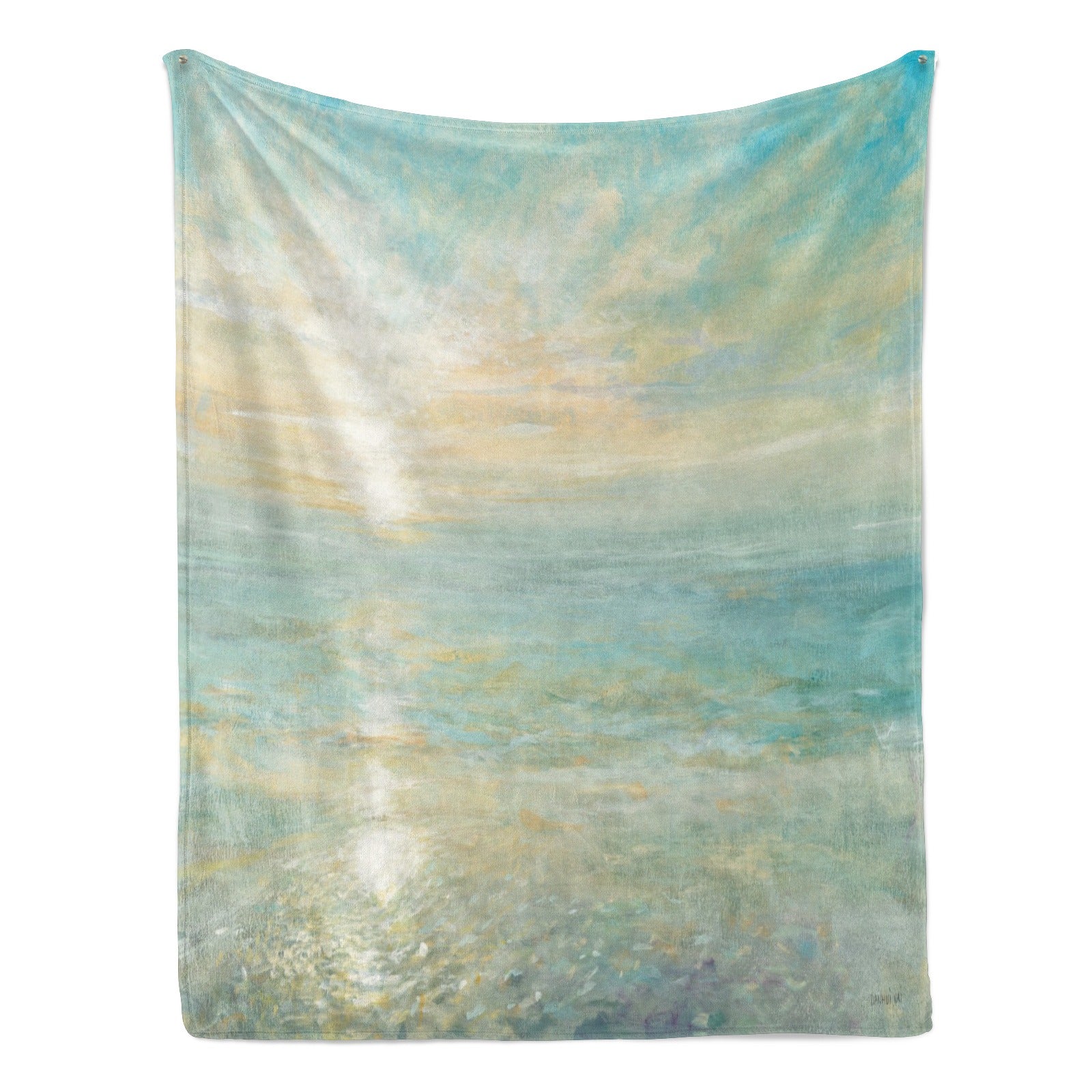 Beach sunrise flannel blanket with artistic ocean scene, soft polyester, Made in USA.