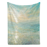 Beach sunrise flannel blanket with artistic ocean scene, soft polyester, Made in USA.