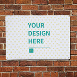 Personalized aluminum sign with 'YOUR DESIGN HERE' message, heart pattern, ideal for home, office, or street. Made in USA.