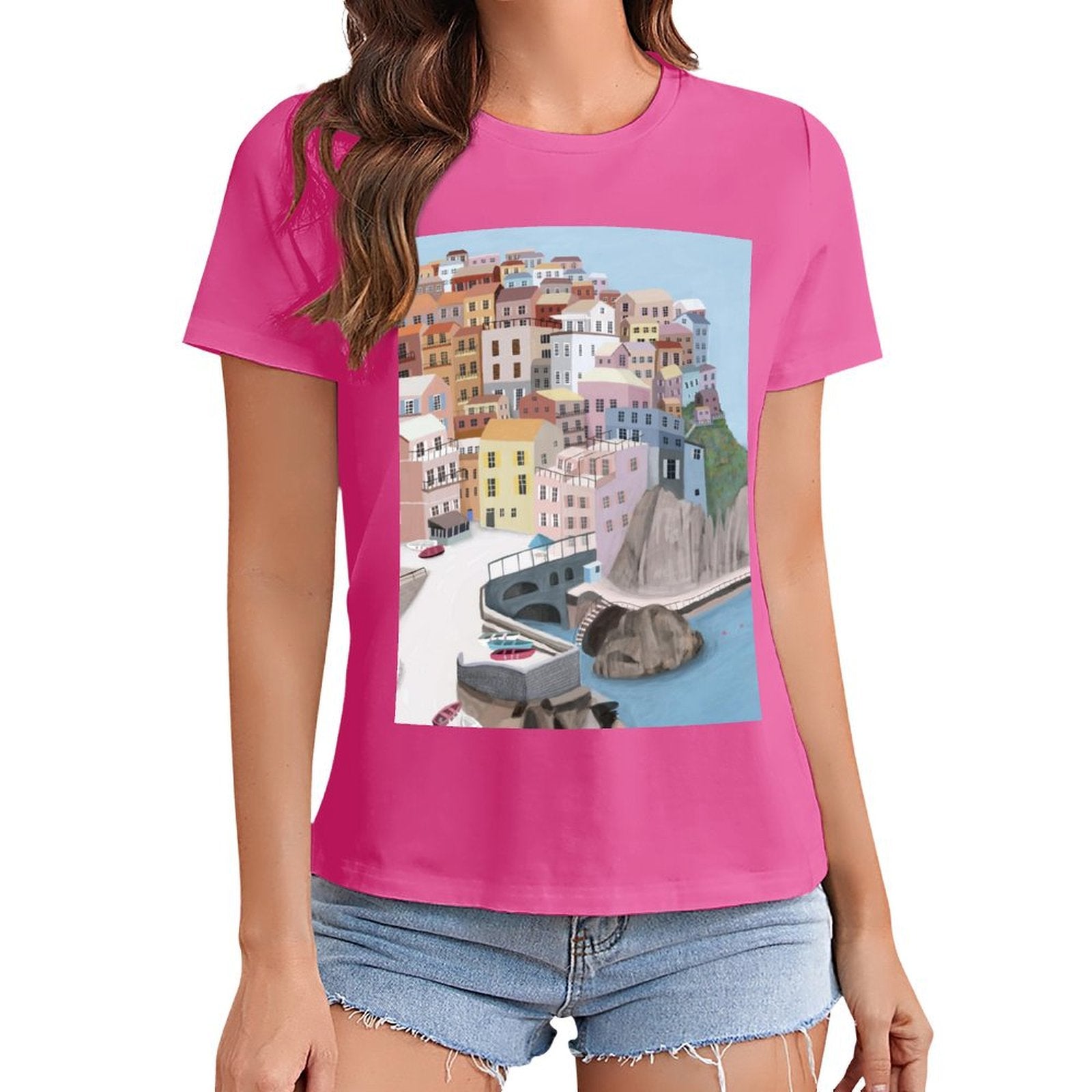 Women's pink short sleeve crewneck t-shirt with Italian town graphic, casual wear.