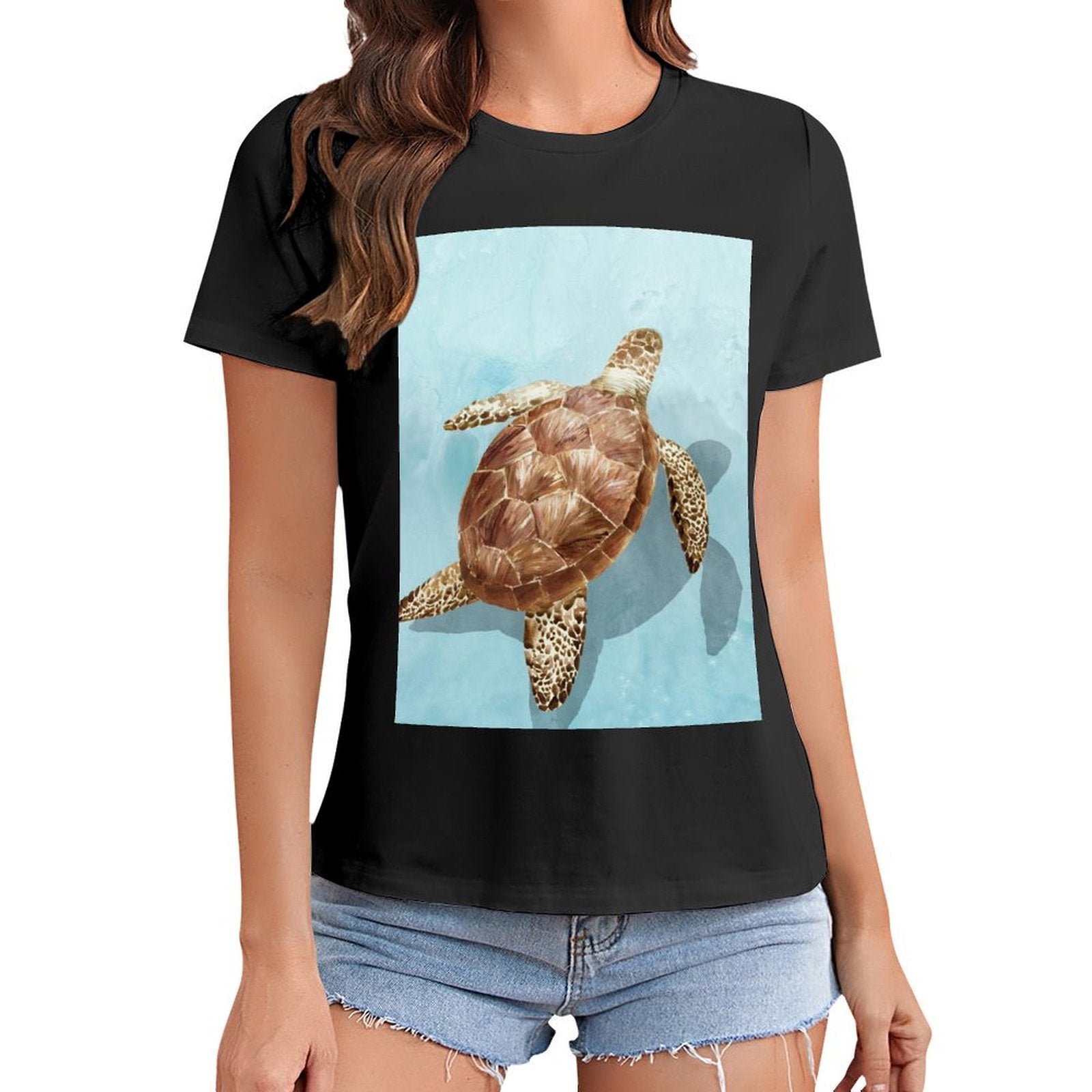 Black women's t-shirt with sea turtle graphic print, crewneck and short sleeve.