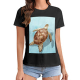 Black women's t-shirt with sea turtle graphic print, crewneck and short sleeve.