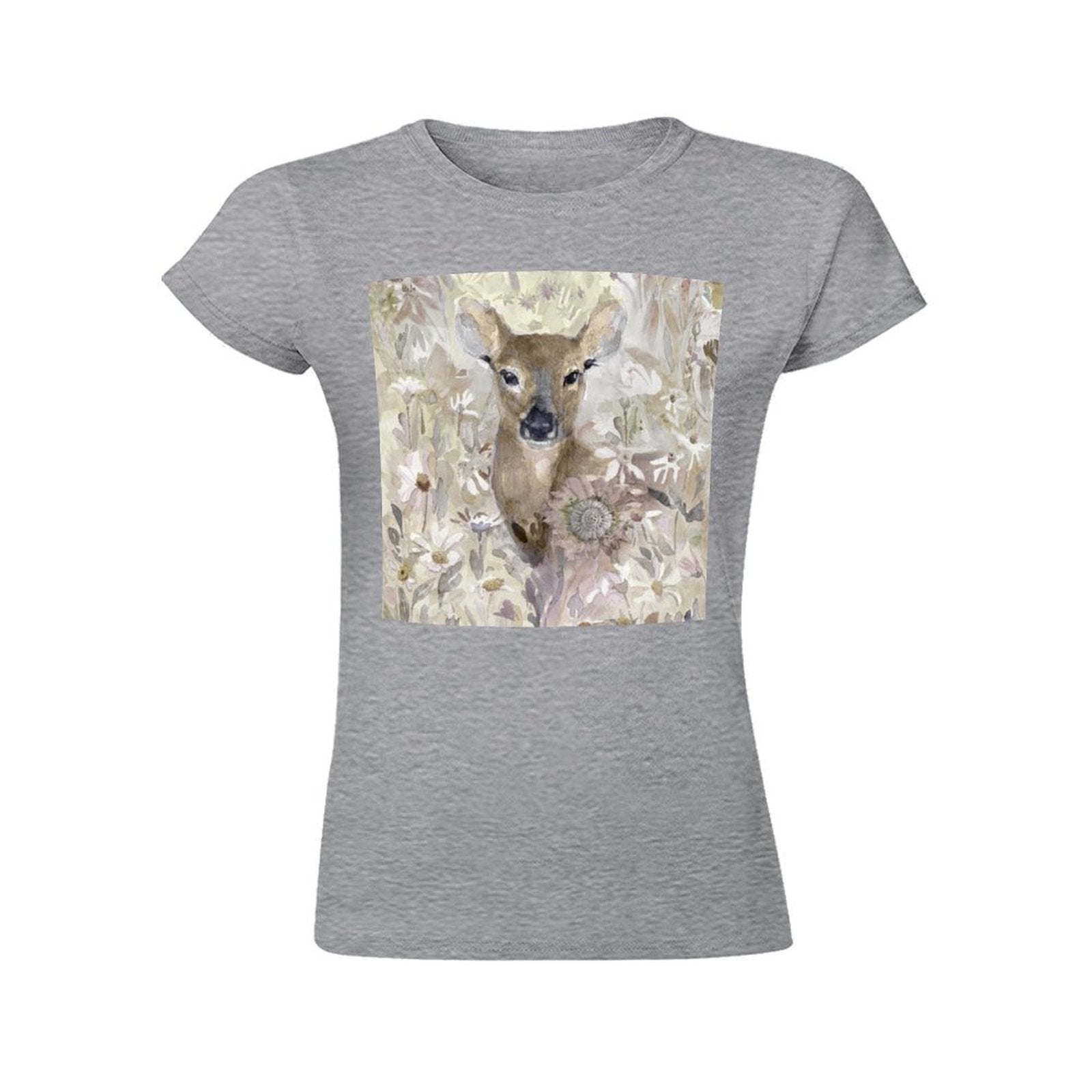 Women's gray t-shirt with deer print, short sleeve crewneck tee, ideal for MyArtsyGift wear
