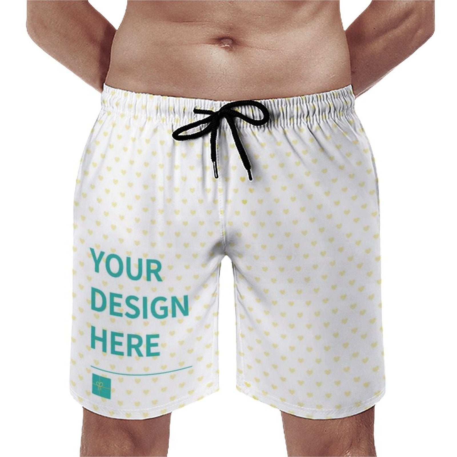 Custom men's swim trunks with 'YOUR DESIGN HERE', white fabric with heart patterns, drawstring, beach shorts with pockets.