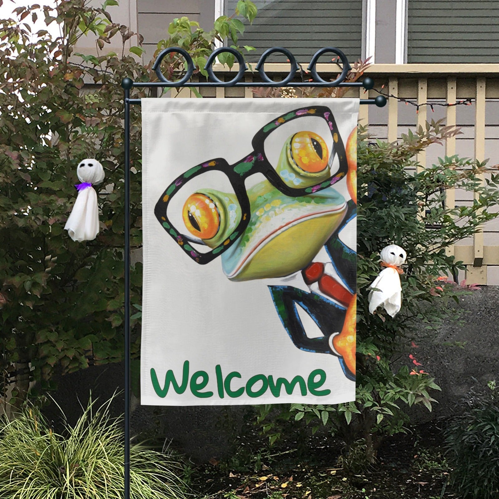 Welcome Frog Garden Flag, custom designed, two-sided printing, perfect for outdoor garden decor, Made in USA