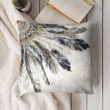 Luxury short plush pillow cover with feather design in gray, gold, and white watercolor; decorative pillow for sofa or couch