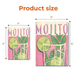 Mojito cocktail tin sign, size comparison: 8x12 inch and 12x16 inch, iron wall art with a colorful drink illustration.