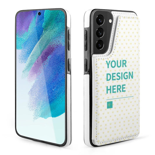 Samsung Galaxy S21 personalized phone case, white PU leather, "YOUR DESIGN HERE" design, protective cover.