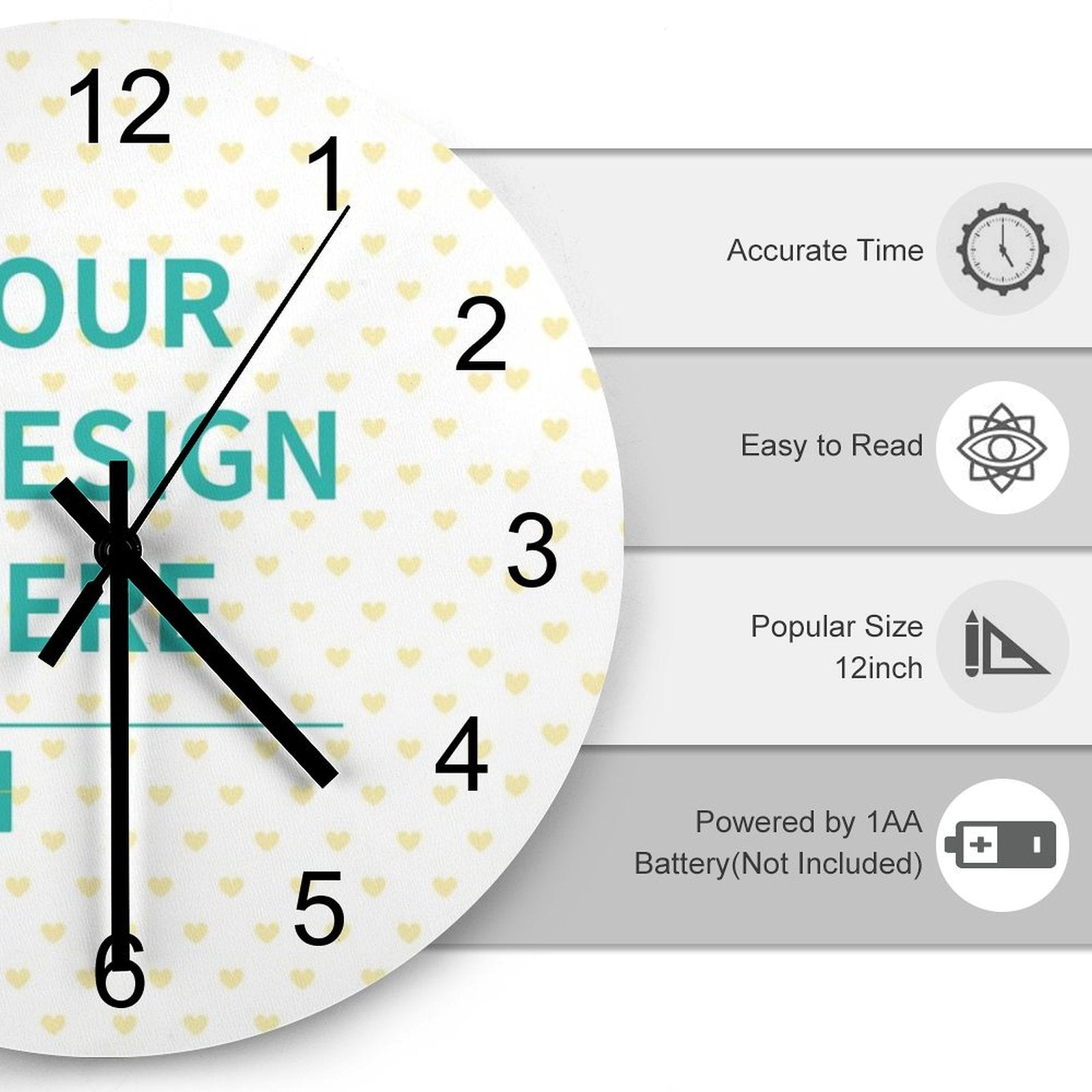 Personalized wooden wall clock with custom design, 12-inch size, perfect gift for home or office.