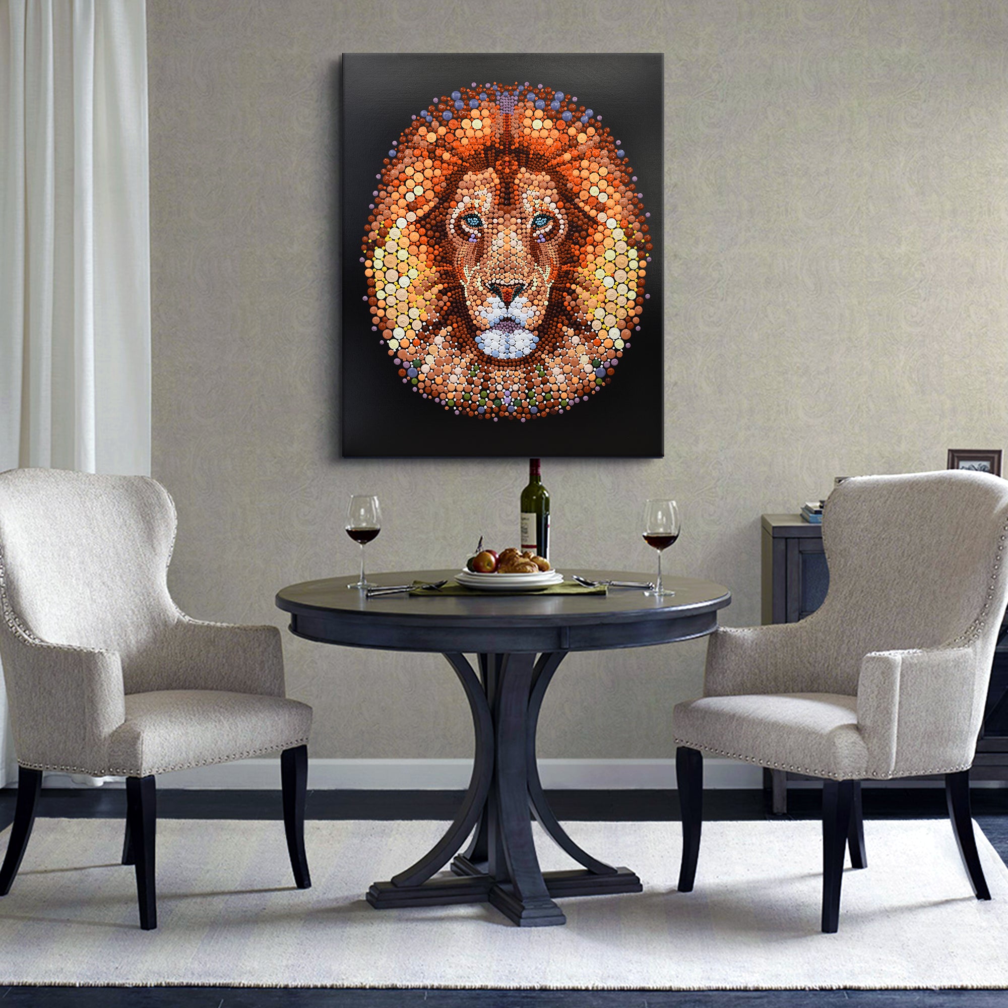 Ben Heine Pixel Dot Lion Painting on Canvas. Wall art above dining table with chairs and wine.