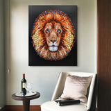 Ben Heine Digital Circlism lion painting, handmade wall art. Lion portrait of colorful dots on black background.