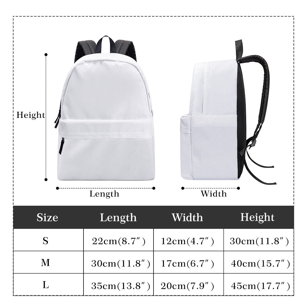 Customizable white backpack with size chart, perfect for school and travel; dimensions shown for length, width, height.