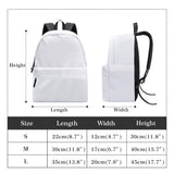 Customizable white backpack with size chart, perfect for school and travel; dimensions shown for length, width, height.