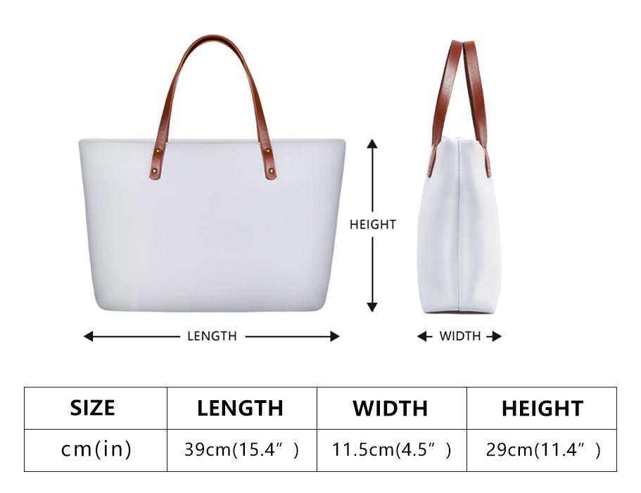 White tote bag with brown PU leather handles, dimensions: 39cm x 11.5cm x 29cm, perfect for work or shopping