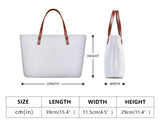 White tote bag with brown PU leather handles, dimensions: 39cm x 11.5cm x 29cm, perfect for work or shopping