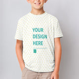 Customizable kids' t-shirt with 'YOUR DESIGN HERE' text and heart pattern, mesh fabric, for boys and girls.