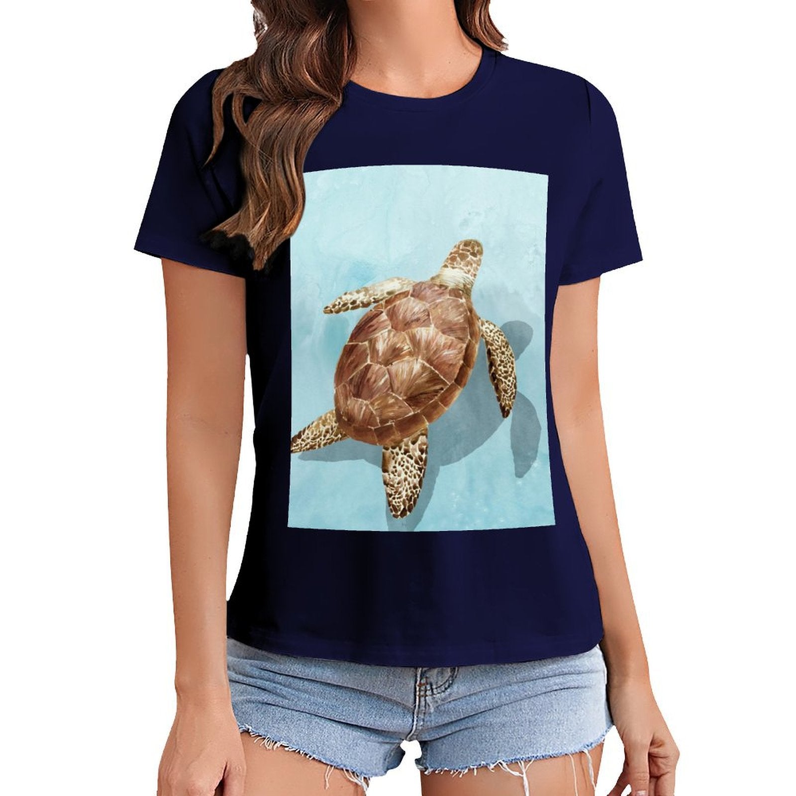 Navy women's t-shirt with sea turtle graphic print, summer fashion, crewneck tee for MyArtsyGift