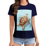 Navy women's t-shirt with sea turtle graphic print, summer fashion, crewneck tee for MyArtsyGift
