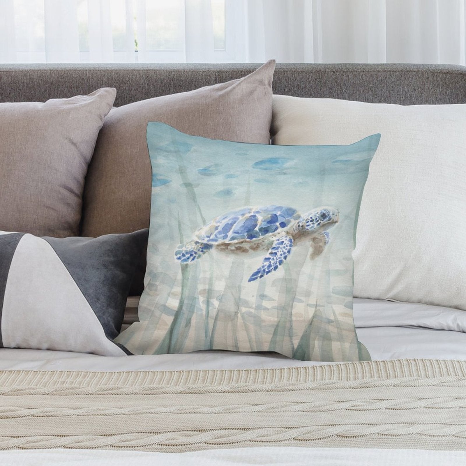 Sea turtle plush pillow cover, watercolor art for living room or bedroom decor, soft plush material