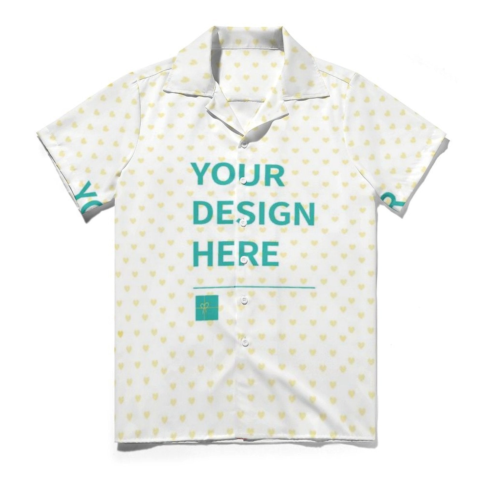 Custom men's short sleeve shirt with your design, white heart pattern. Summer wear, personalized gift from MyArtsyGift.